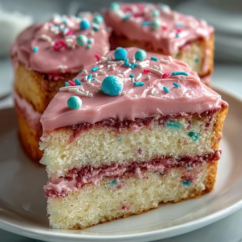 Vibrant Spring Funfetti Cake with pastel buttercream swirls on a festive dessert table.  