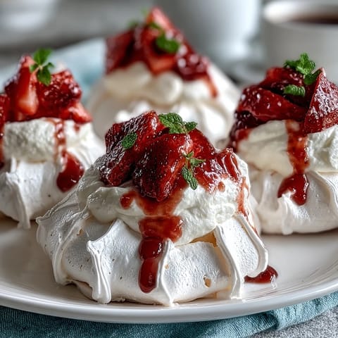 Delicate meringue nests filled with fluffy whipped cream and juicy strawberries, a stunning spring dessert.  