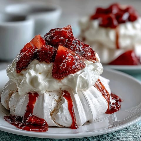 Golden-brown crisp meringue shells topped with creamy vanilla whipped cream and vibrant red strawberries.  