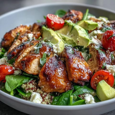 Lemon Vinaigrette Grilled Chicken and Veggie Bowl with fresh greens and feta