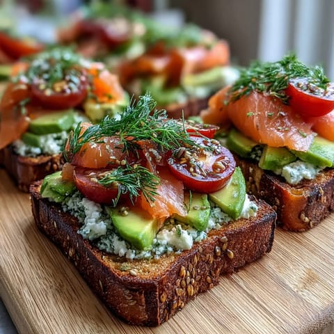 Vibrant spring brunch avocado toast board with smoked salmon, fresh veggies, and herbs, perfect for sharing.