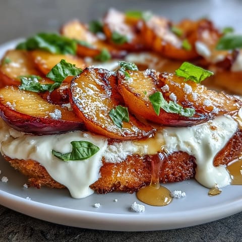 Rustic sourdough topped with juicy peach slices, burrata cheese, and a drizzle of honey for a vibrant brunch toast.