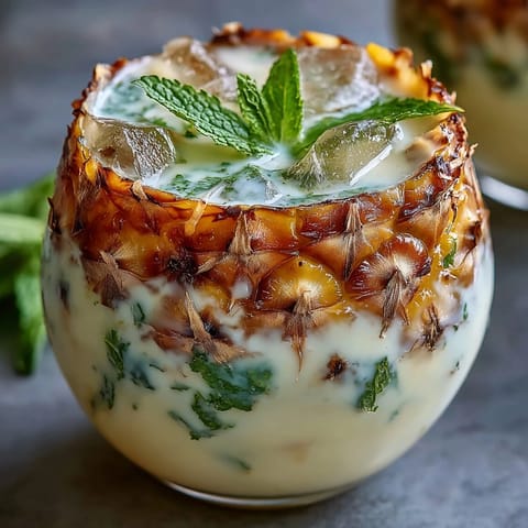Creamy pineapple coconut agua fresca served over ice with tropical fruit slices and a bright lime twist for garnish.