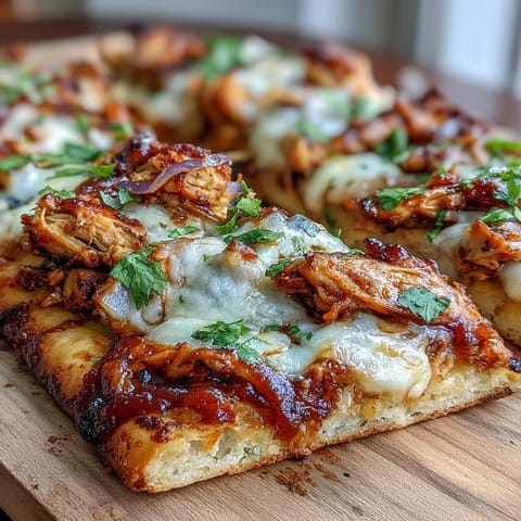 Smoky BBQ chicken flatbread pizza with melty mozzarella, red onion, and bell peppers for a quick, satisfying meal.