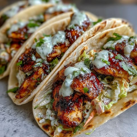 Fresh, zesty grilled fish tacos with coconut-lime marinade, topped with crunchy red cabbage slaw and tangy crema, served on warm tortillas.