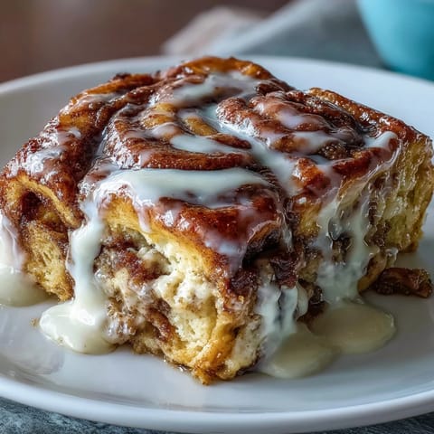 Fluffy cinnamon roll pancake casserole with cream cheese glaze, baked golden and swirled with cinnamon sugar.
