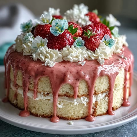 Spring Cake: Floral Drip Cake with Strawberry Frosting, a stunning layered vanilla cake with fresh strawberry buttercream and white chocolate drip, adorned with edible flowers for a festive spring celebration.