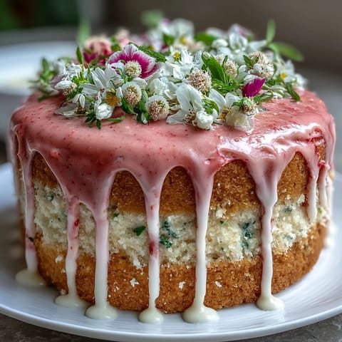 Elegant Spring Cake: Floral Drip Cake with Strawberry Frosting, featuring moist vanilla sponge, vibrant strawberry frosting, and a glossy white chocolate drip, topped with fresh edible blooms.