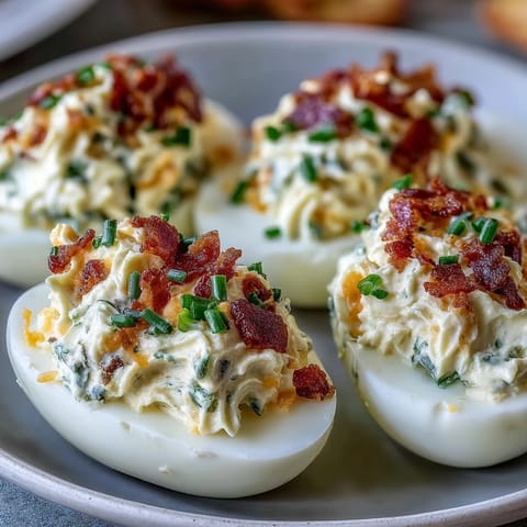 Spicy jalapeño popper deviled eggs with creamy cheese filling and crispy bacon bits.  
