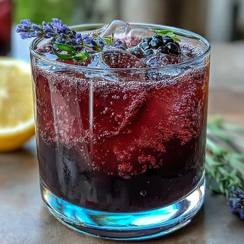 Vibrant blackberry lavender lemonade fizz garnished with fresh berries and lemon.
