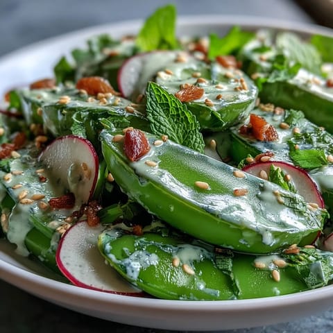 Vibrant Snap Pea and Radish Spring Salad with creamy tahini, topped with sesame seeds.