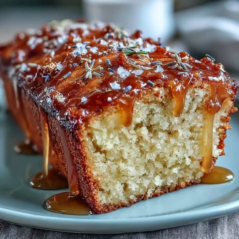 Golden Lemon Lavender Loaf Cake with glistening honey glaze, a delightful baked treat.