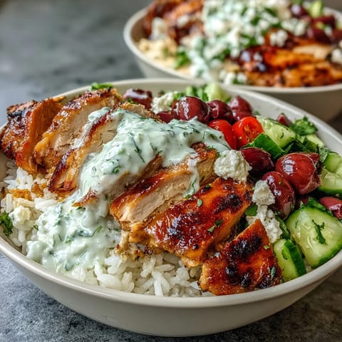 Vibrant Greek Chicken Bowls with creamy tzatziki and hummus, perfect for lunch.
