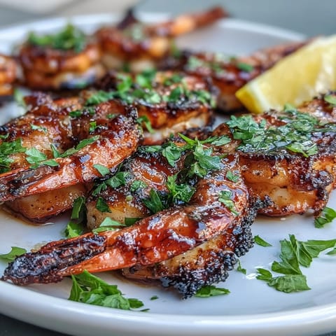 Delicious honey garlic shrimp skewers charred slightly, ready for a lemon squeeze.