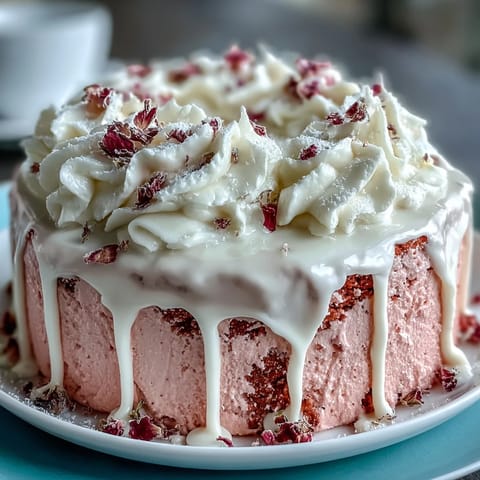 Elegant Bridal Shower Rosé Velvet Cake with shimmering edible gold drip.