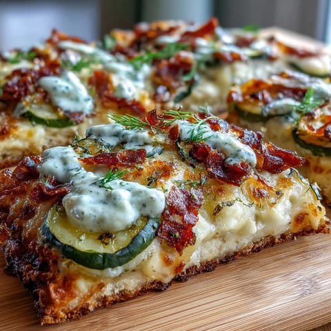 Tangy pickle pizza flatbread glistening with garlic ranch, ready to slice and serve.