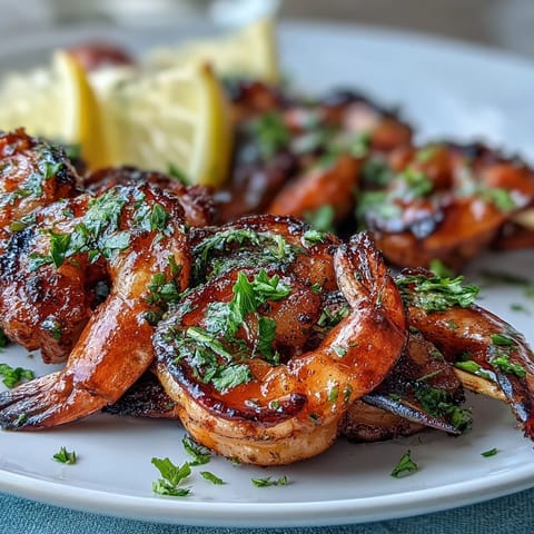 Juicy grilled honey garlic shrimp skewers glistening with glaze, perfect for summer.