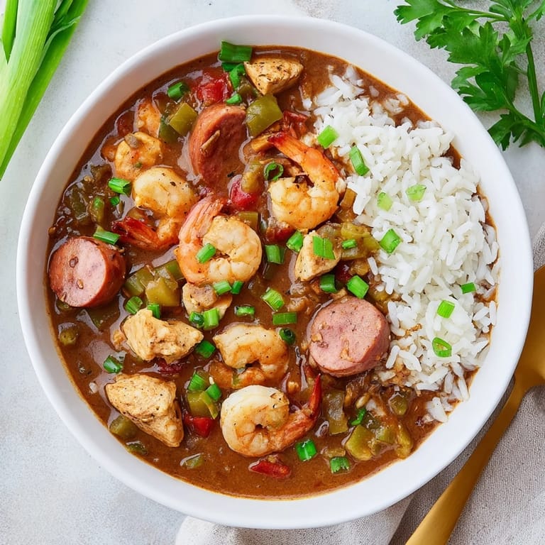 Steaming bowl of Cajun Gumbo brimming with shrimp and vegetables, garnished with fresh parsley and scallions.
