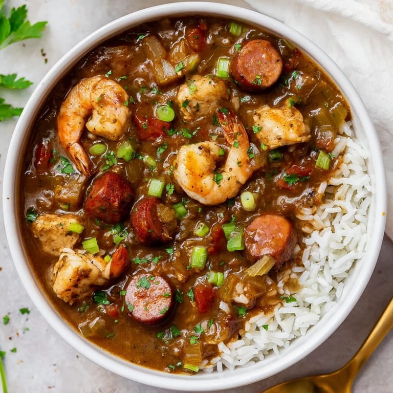 Rich, aromatic Gumbo simmered in a dark roux base, ladled over rice with a dash of hot sauce.