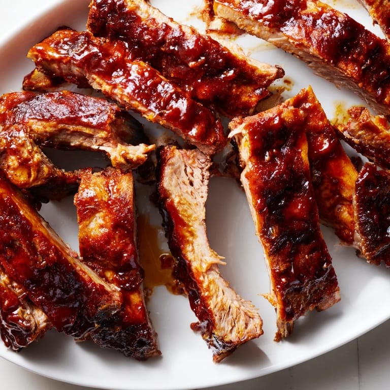 Golden, caramelized BBQ Ribs plated beside cornbread, ready for a classic backyard barbecue feast.