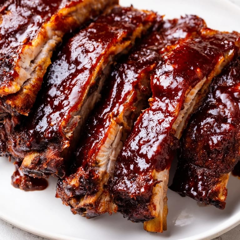 Tender BBQ Ribs are brushed with smoky barbecue sauce, sliced and served with creamy coleslaw.