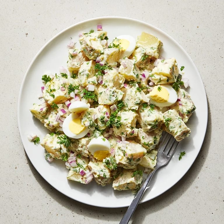 Bright bowl of homemade Potato Salad featuring golden potatoes, red onion, and a creamy mayonnaise-mustard dressing, perfect alongside grilled burgers.