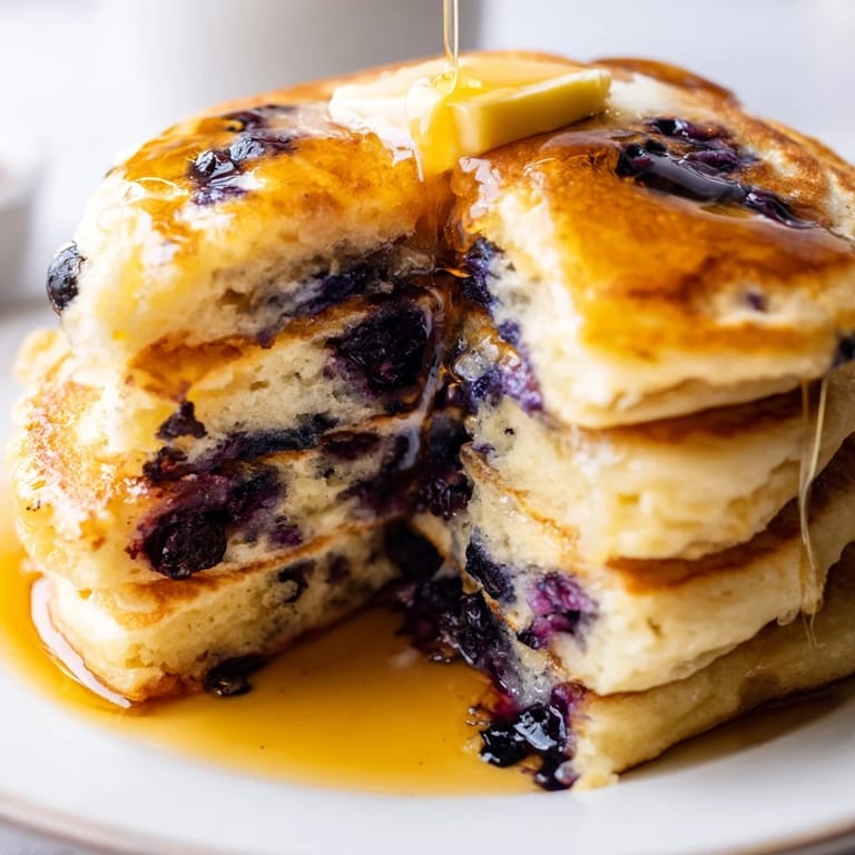 Stack of fluffy Blueberry Pancakes drizzled with maple syrup, served warm on a rustic wooden table.