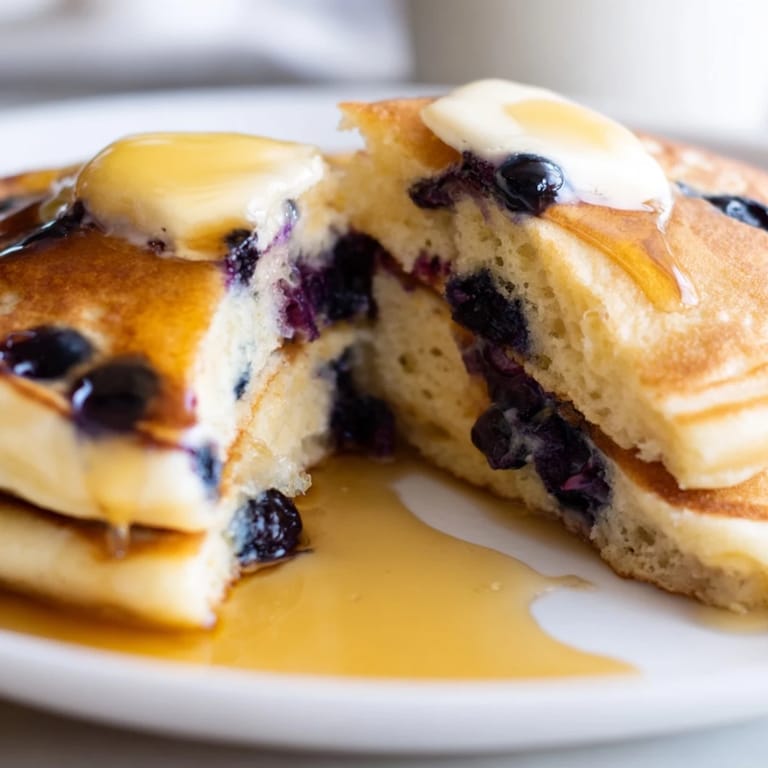 Delicious Blueberry Pancakes on a white plate, topped with butter, syrup, and extra fresh berries.
