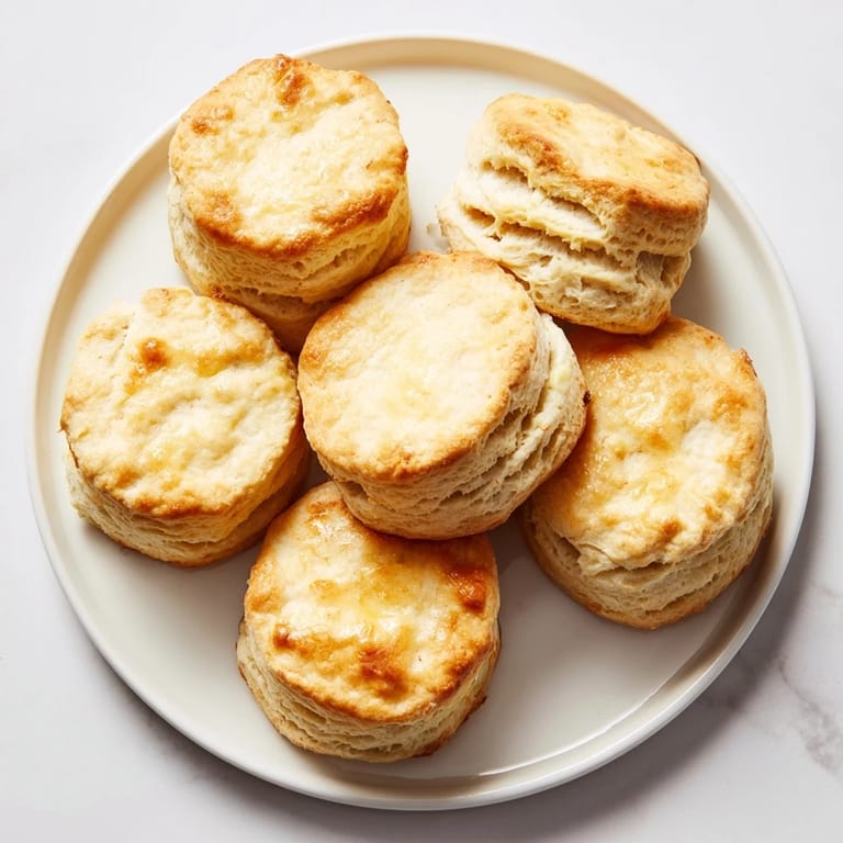 Freshly baked Buttermilk Biscuits stack high, showcasing a golden crust, perfect alongside a hearty bowl of gravy.