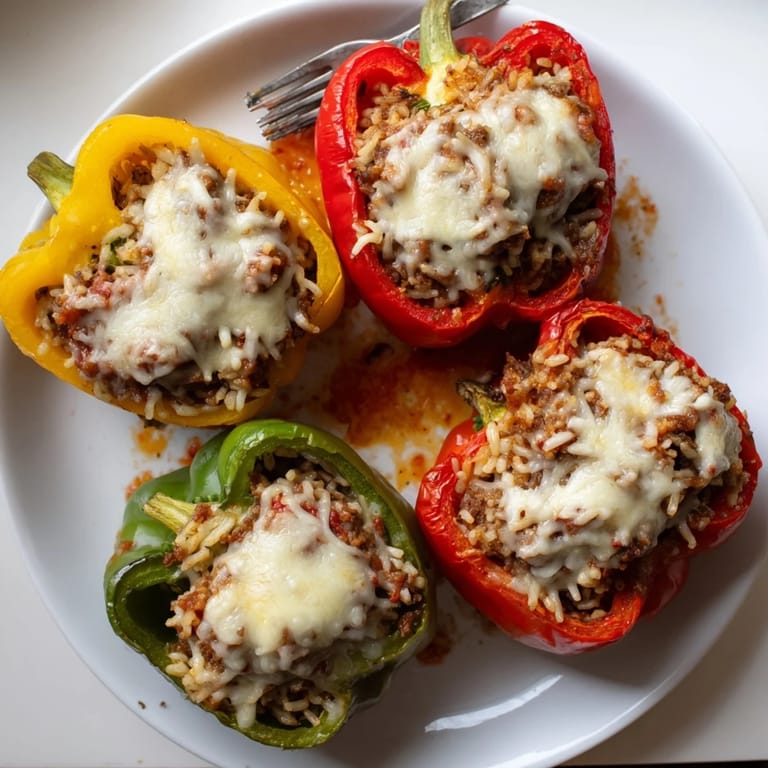 Close-up of tender Stuffed Bell Peppers revealing a flavorful ground meat and rice filling, paired with a side salad.