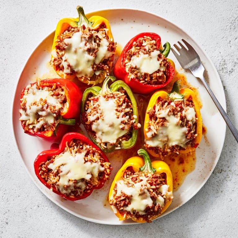 A hearty plate of Stuffed Bell Peppers filled with savory beef, rice, and herbs, bubbling with rich tomato sauce.
