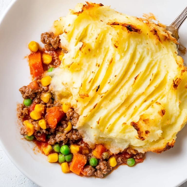Cheesy mashed potato topping on Shepherds Pie is broiled to perfection, served bubbling hot for a comforting family dinner.