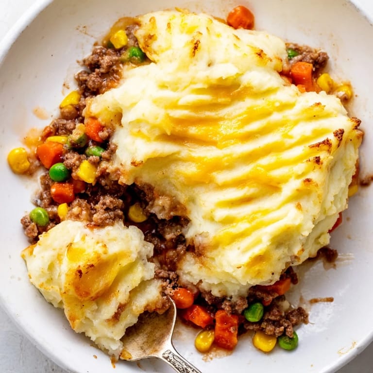Freshly baked Shepherds Pie casserole with rustic ridged potatoes, ground meat, and vegetables beside a glass of red wine.