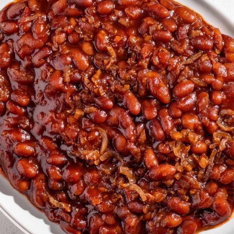 Steaming Baked Beans with a thick, sweet-savory glaze, garnished with fresh parsley for a homestyle vegetarian side dish.