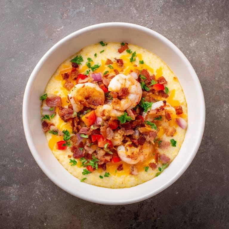 Spoonful of cheesy grits with plump shrimp and crispy bacon, showcasing the rich texture and comforting warmth of Shrimp and Grits.