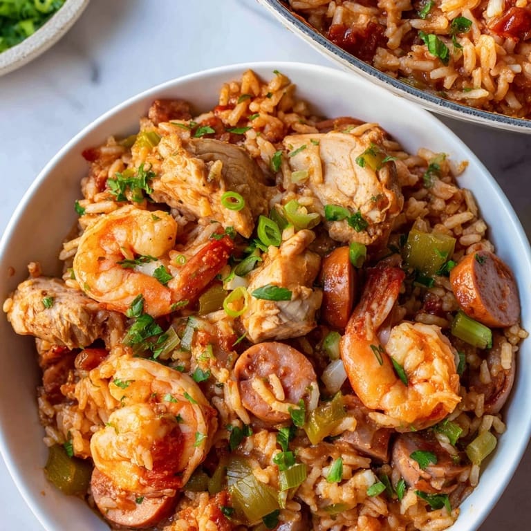 Hearty chicken and shrimp jambalaya simmered with vegetables, creating a flavorful Creole dinner.