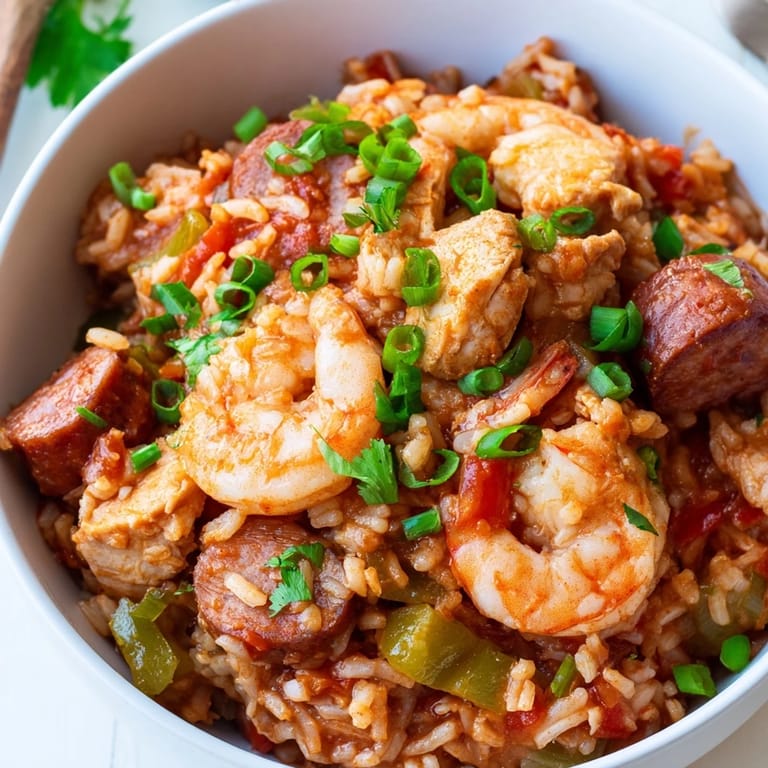 Garnished Jambalaya with green onions and parsley, served hot in a rustic pot.