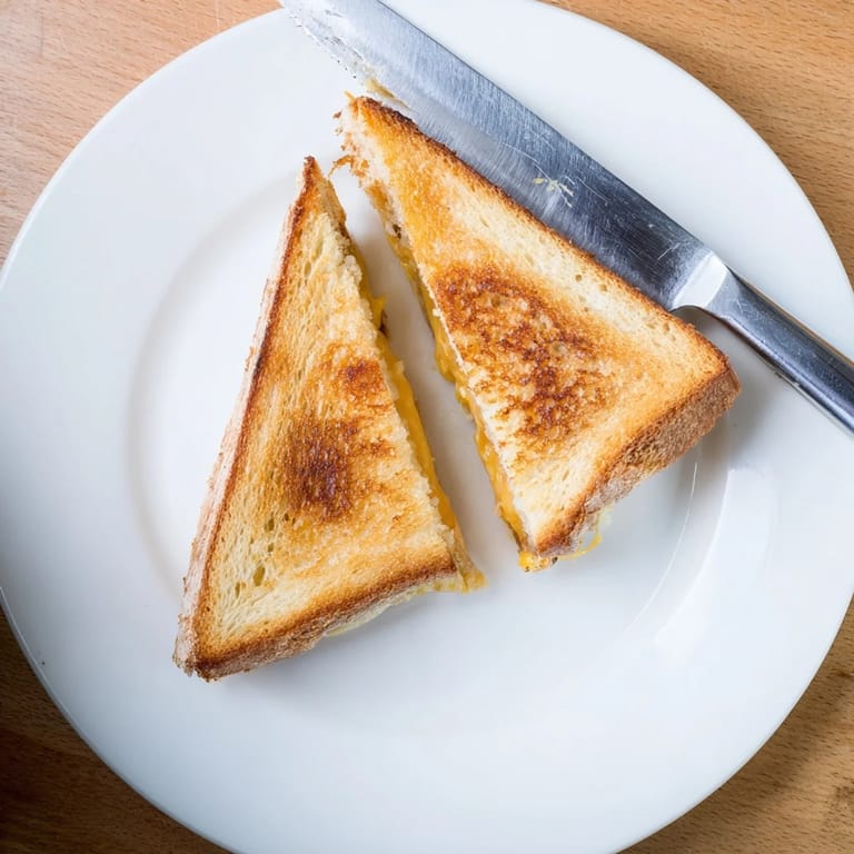 Two halves of a Grilled Cheese Sandwich showing melted cheddar between golden, buttery slices on a wooden board.