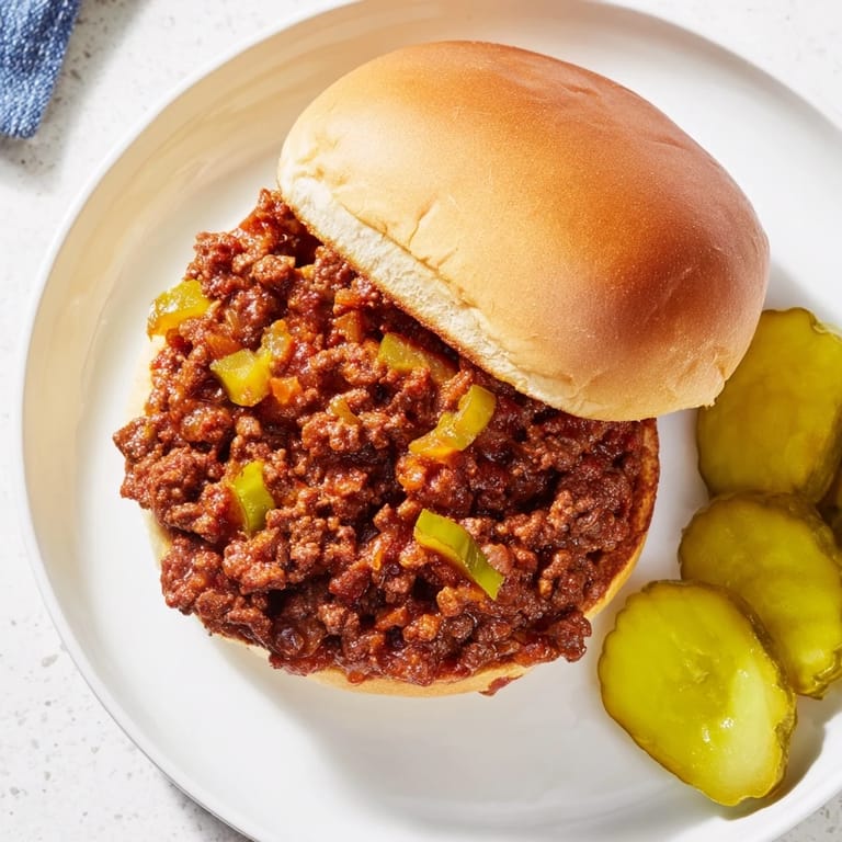 Classic American Sloppy Joes served on a soft toasted bun with a side of dill pickles.