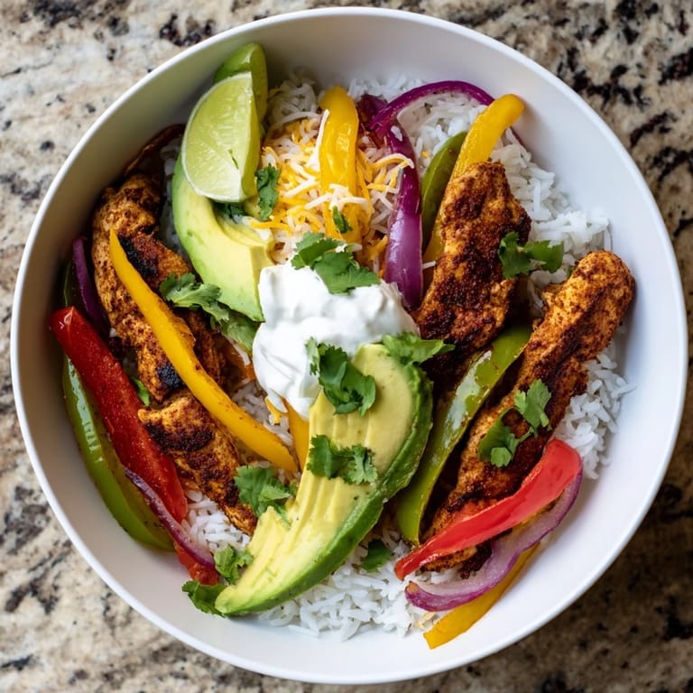 Tender chicken strips and colorful sautéed vegetables fill this Chicken Fajita Bowl, served over fluffy rice with fresh cilantro and lime.