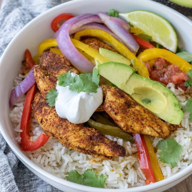A delicious Chicken Fajita Bowl featuring savory meat, charred peppers, and onions on rice, garnished with salsa and shredded cheese.