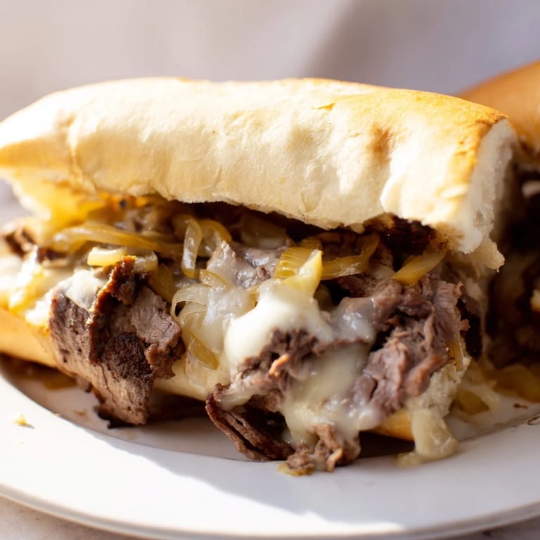 Sizzling ribeye and onions topped with gooey cheese, ready to be piled into a warm hoagie roll for a Philly Cheesesteak.