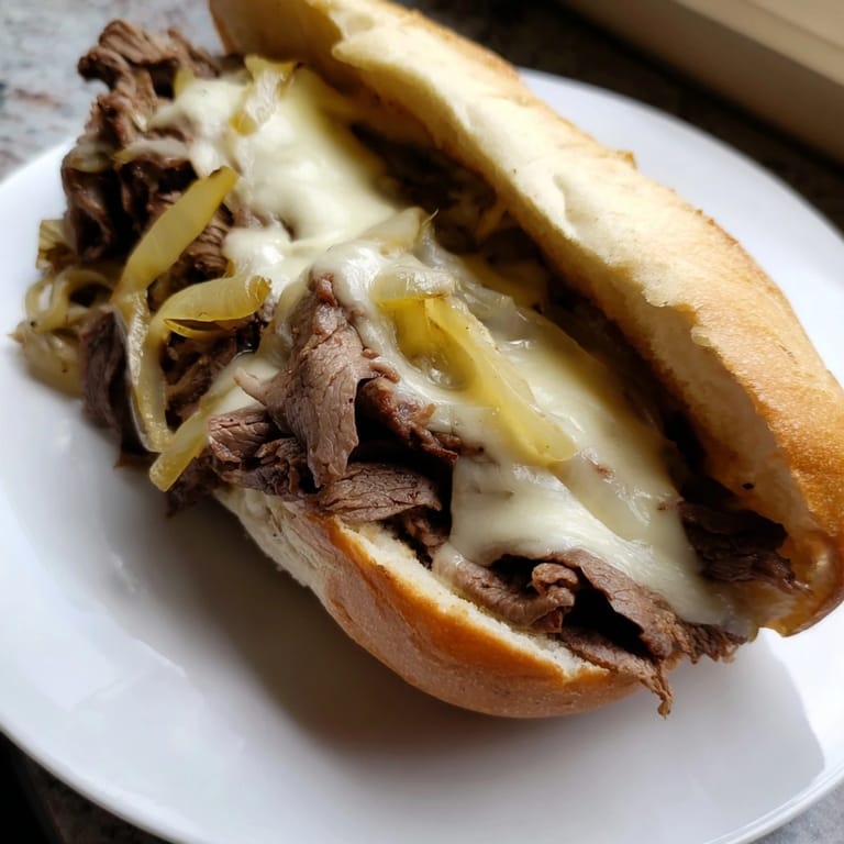 Classic Philly Cheesesteak sandwich loaded with tender ribeye, onions, and melted provolone on a toasted roll.