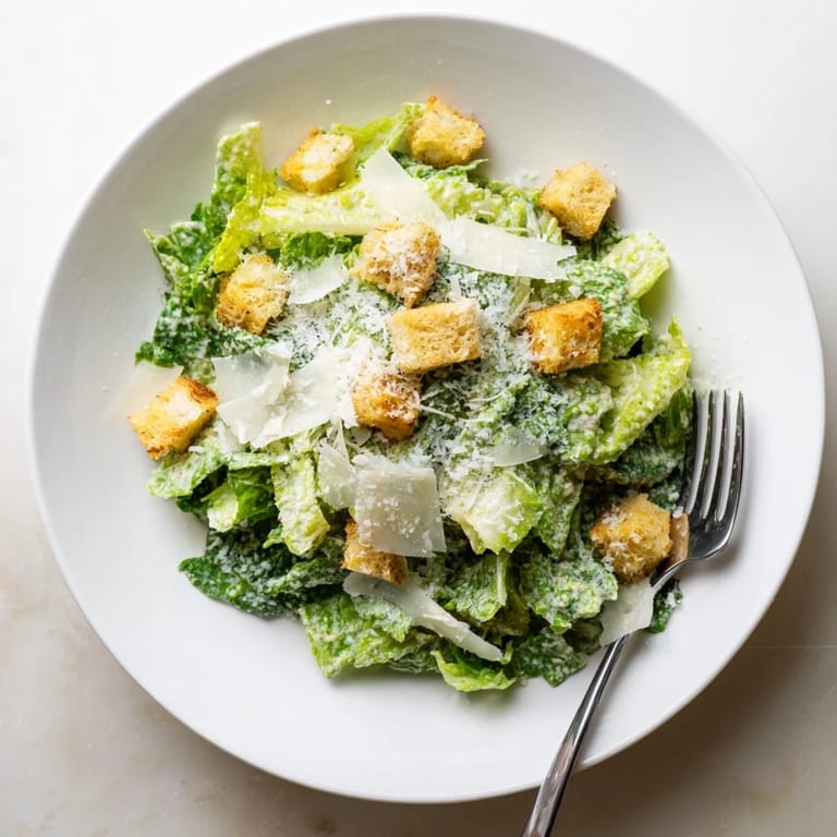 Caesar salad is served on a white plate, ready to enjoy as a classic lunch side.
