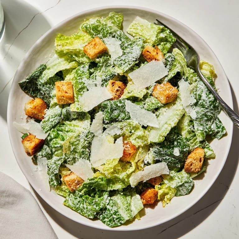 Topped with shaved Parmesan, this vegetarian Caesar salad looks crisp, vibrant, and deliciously appetizing.