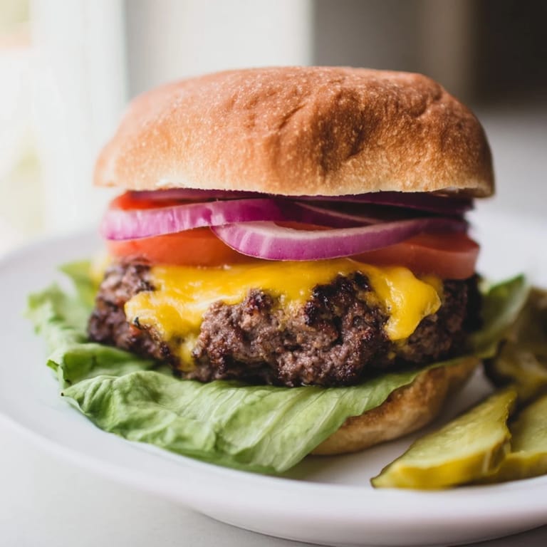 A fully assembled classic American cheeseburger with melted cheddar, pickles, and onions on a soft sesame seed bun.