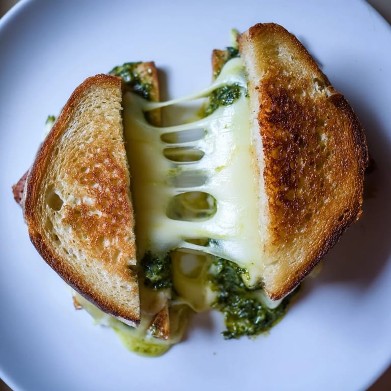 Toasted bread with melted cheese and herbaceous spinach pesto filling, cut diagonally to reveal the delicious, colorful layers inside.