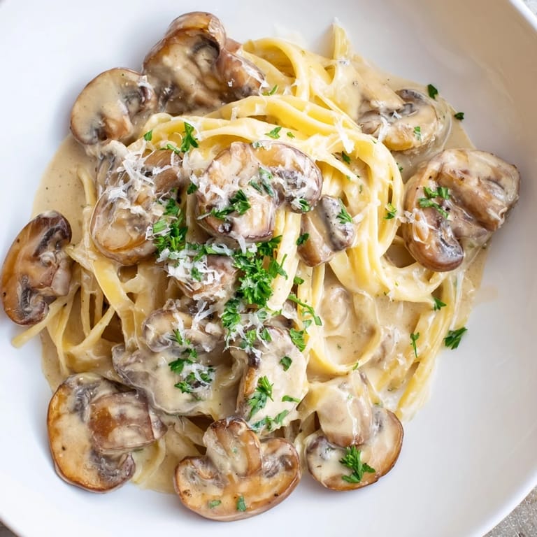 A close-up of Creamy Mushroom Alfredo, featuring fettuccine coated in luscious sauce with garlic, mushrooms, and fresh parsley.