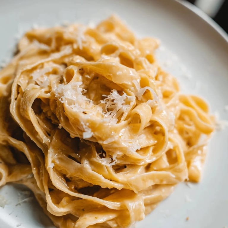 Plate of roasted garlic cream pasta with al dente noodles, creamy sauce, and a sprinkle of freshly grated Parmesan cheese.