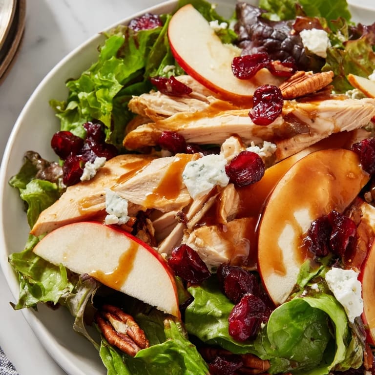 A generous serving of Caramel Apple Chicken Salad combines crisp apples, juicy chicken, and crunchy pecans, ready to be tossed in caramel dressing.